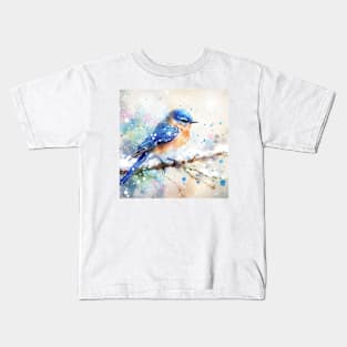 Colorful little blue bird sitting on a tree branch Kids T-Shirt